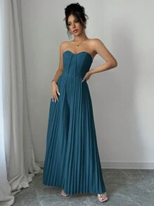 Elenzga 1pc Bandeau Design Cinched Waist Pleated Romantic Wide Leg Jumpsuit, Casual