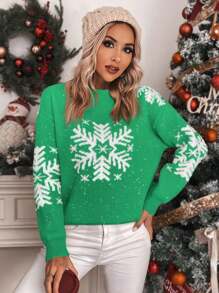 Chiquease Women's Casual Snowflake Pattern Round Neck Drop Shoulder Long Sleeve Sweater, Autumn/Winter Knit Pullover Fall - Green - View 6