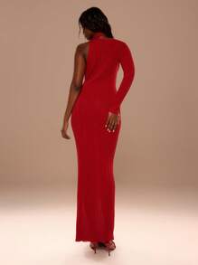 MUSERA 单肩系带罗纹针织长裙，新年优雅夏季款 - 紅色 - 查看 3