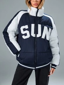 Aveloria Affinna Women's Winter Loose Fit Letter Embroidered Color BlockPadded Insulated Polyfill Synthetic Insulation Winter Coat Winter Jacket Jacket Fall Cloth For Women