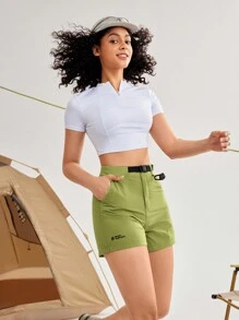 In My Nature Women's Letter Print Pocket Shorts For Daily Fitness & Outdoor, Casual Hiking Women Clothes - Green - View 7