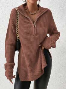SHEIN Frenchy Half Zip Drop Shoulder Grain Black Sweater - Dusty Pink - View 1