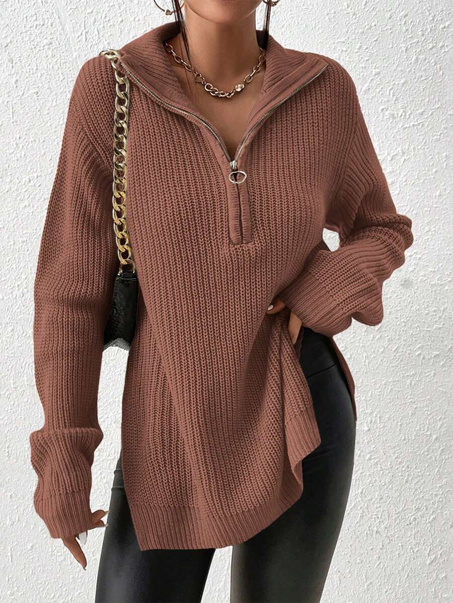 SHEIN Frenchy Half Zip Drop Shoulder Grain Black Sweater - Dusty Pink - View 1