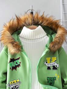 2 件套年轻男孩连帽毛绒羊毛拉链夹克和运动裤运动套装，适合度假和户外休闲装，秋冬季 - 綠色 - 查看 3