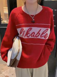 DAZY Damen Rundhals Langarm Buchstaben Muster Minimalistischer Lässiger Loser Pullover Herbst, Winter, Weihnachten, Neujahr