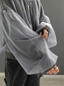 FRIFUL Women's Autumn Mesh Splice Drop Shoulder Loose Hoodie Pullover,Ruffle Sweatshirt - Grey - View 8