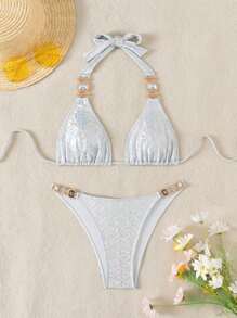 Women Printed Snake Skin String Micro Triangle Bikini Set With Metal Rhinestone Accessories, Holiday Series Summer - Silver - View 4