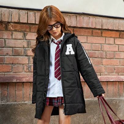 Vintage Striped Thicken Hooded Mid-Length Down Coat