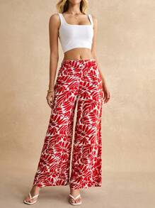 Poéselle Pantalones de pierna ancha con estampado tropical - Rojo y blanco - Ver 1