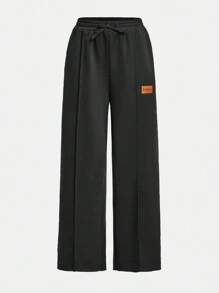 SHEIN Tween Girls Casual Text Straight Leg Long Knit Sweatpants - Multicolor - View 3