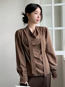 DAZY Solid Color Loose Flared Collar Long Sleeve Shirt For Women,Fall Clothes