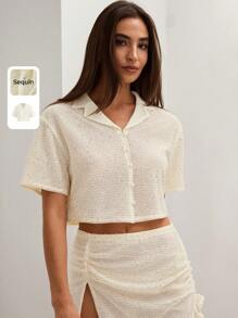 COSMINA Women's Plain Minimalist Daily Short Sleeve Going Out Top - Apricot - View 7