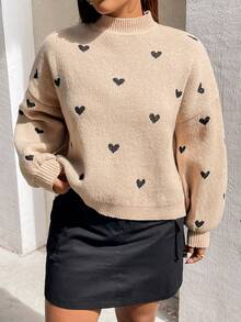 CosyJoli Plus Size Women's Autumn And Winter Casual Fashion Loose Warm Khaki High Collar Long Sleeve Pullover Heart Sweater,Winter Women Clothes,Curve Tops,Cute Winter Tops,Cute Outfits,Thanksgiving Sweater,Thermal,Kawaii Clothes,Winter Women Outfits,Turtleneck Long Sleeve,Turtleneck Sweater,Winter Clothes - Brown - View 3
