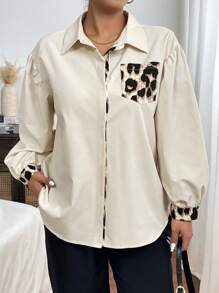 SHEIN Frenchy Plus Size Fall Leopard Patchwork Lantern Sleeve Casual Shirt