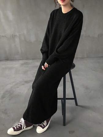 FRIFUL Women Casual Minimalist Solid Color Drop Shoulder Loose Knit Sweater Dress
