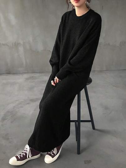 FRIFUL 女士休闲简约纯色落肩宽松针织毛衣连衣裙