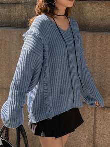 FRIFUL Women Solid V-Neck Drop Shoulder Long Sleeve Fuzzy Patchwork Loose Sweater, Autumn/Winter