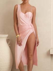 Swim Oasis Bộ 2 món/Bộ đồ bơi Monokini có đệm nâng ngực màu trơn trang trí vỏ sò có dây đeo có thể điều chỉnh dành cho nữ mùa hè - Hồng - Xem 4