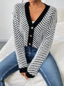 Chiquease Áo len cardigan dài tay in họa tiết sọc cổ chữ V phía trước - màu đen - Xem 6