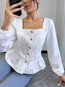 Chiquease Top Elegante para Mulheres com Textura Tecida, Gola Quadrada, Manga Lanterna e Babado - Bege - Visão 6