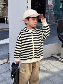1 Piece Young Boys Casual College Comfortable Fashion Simple Practical Japan And South Korea Relaxed All-Match Soft Comfortable Striped Comfortable Thick Warm Sweatshirt Suitable For Outdoor Play Suitable For Kids Outfits School Back To School Boys Setboys Outfits Daily Suitable For School Suitable For Travel Suitable For Sports Suitable For Autumn And Winter - Black and White - View 5
