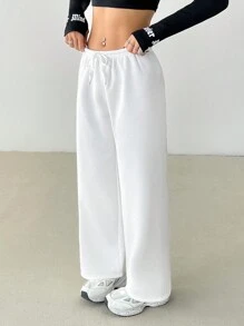 SHEIN PETITE Casual Essential Simple White Drawstring Waist Loose Sweatpants - White - View 1