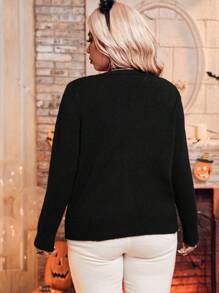 SHEIN CURVE+ 大码女式黑白蜘蛛刺绣针织开衫，适合万圣节、新年、情人节、感恩节、圣诞节、复活节、国庆节、舞会之夜，适合冬季 - 黑色 - 查看 2