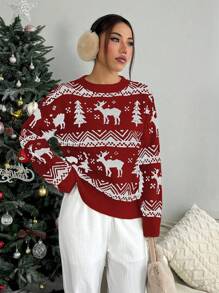 SHEIN Unity Christmas Casual Contrast Color Deer & Geometric Pattern Knitted Sweater, Autumn/Winter Fall - Multicolor - View 4
