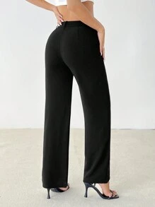 SHEIN PETITE Pantalones rectos lisos de uso casual y de oficina para mujeres