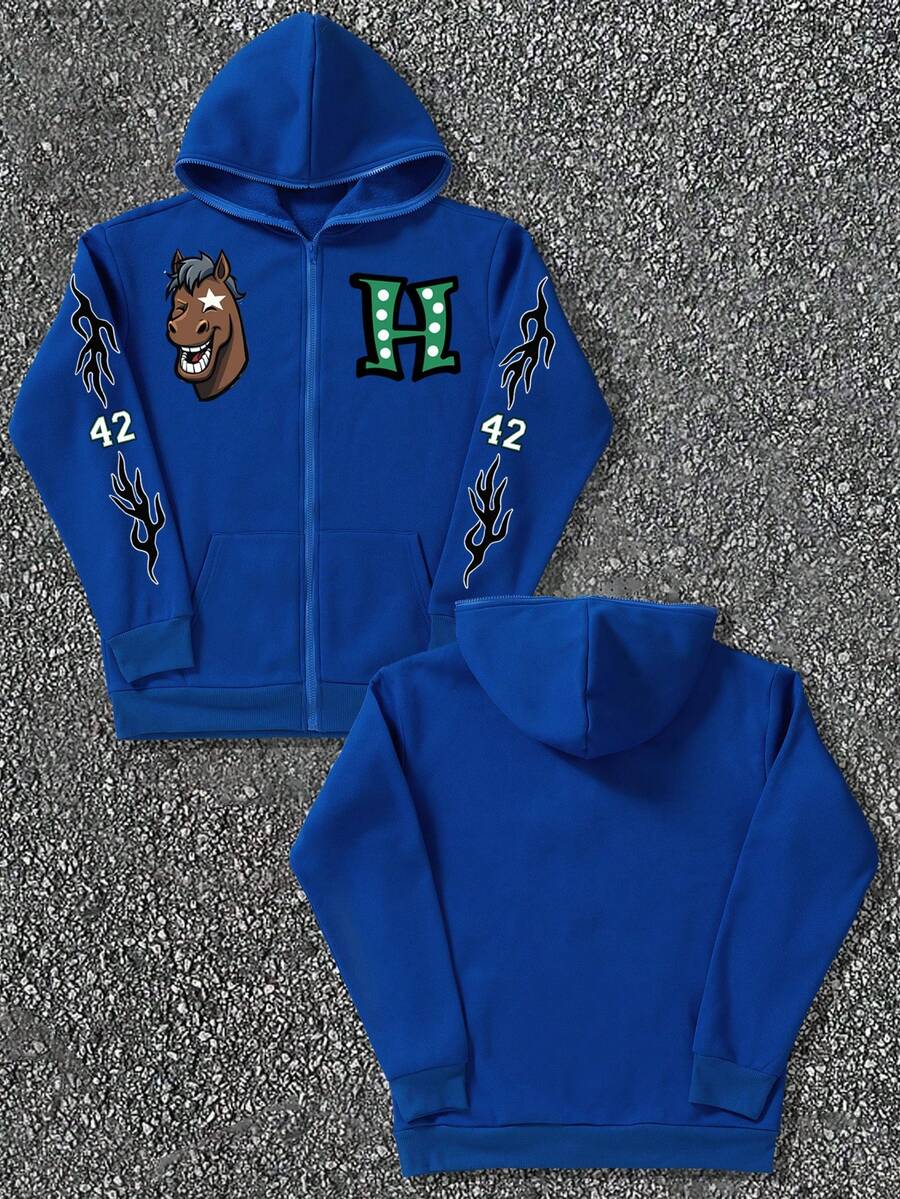 Manfinity EMRG Áo nỉ trùm đầu tay dài in chữ mùa thu cỡ lớn cho nam có khóa kéo phía trước - Xanh đậm - Xem 1