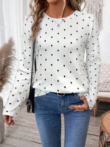 SHEIN LUNE 柔软清新波点印花女长袖T恤，2024年流行早秋新品 - 白色 - 查看 3