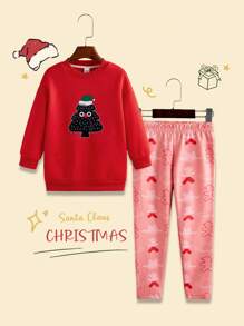 2 sztuki Zestaw dla młodej dziewczyny Okrągły dekolt Długi rękaw Drukowany swobodny top i spodnie, na Boże Narodzenie