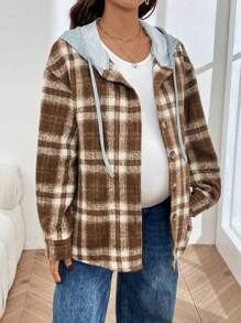 SHEIN Hooded Color Block Plaid Patchwork Buttoned Drawstring Maternity Jacket, Women Autumn Outerwear - Khaki - View 3