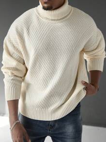 Manfinity Homme Men's Solid Color Plain Turtleneck Long Sleeve Minimalist Sweater, Casual Everyday Wear, For Vacation - White - View 1