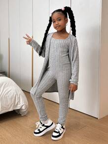 Slaydiva 青少年女孩运动休闲舒适针织纯色长袖开衫和全长裤套装，搭配母女装（2 套单独出售） - 灰色 - 查看 2