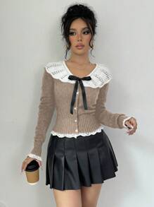 Chiquease 新款珍珠纽扣、蝴蝶结、荷叶边开衫、优雅修身、长袖、秋冬保暖 - 卡其色 - 查看 5