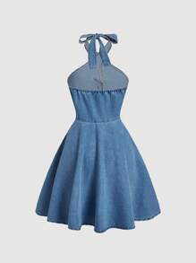 SHEIN MOD Women Casual Denim Halter Mini Dress, Blue