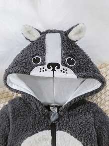SHEIN Baby Boys' Colorblock Cartoon Cute 3D Ear Embroidery Plush Warm Hooded Romper, Autumn/Winter