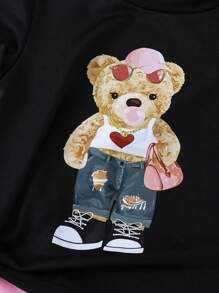 SHEIN Set de 3 camisetas de manga corta, cuello redondo, con estampado de ositos de dibujos animados y gafas de sol, cómodas para niñas en verano - Multicolor - Ver 6