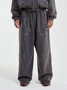 Musero Men Wide Leg Washed Skull Graphic Style Print Sweat Pant Joggers Winter Wardrobe - Multicolor - View 2