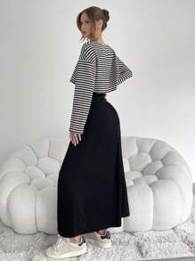 Siren Gaze 两件套秋季针织2件套女式条纹印花圆领长袖上衣和黑色无袖连衣裙 - 黑色 - 查看 2