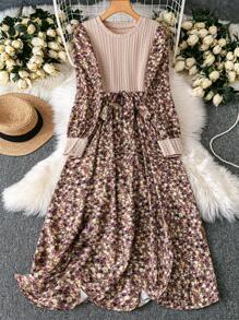 SHEIN Clasi 女士休闲碎花拼布圆领长袖连衣裙，适合假日长款女士服装 - 彩色 - 查看 1