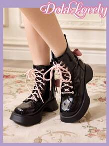 Dola Lovely Black Platform Boots Women Short Booties Ins British Style 2024 Autumn Winter New Mid-Calf Boots Flight Attendant Slim Boots Boots Ladies Ankle Boots For Christmas And New Year Holiday