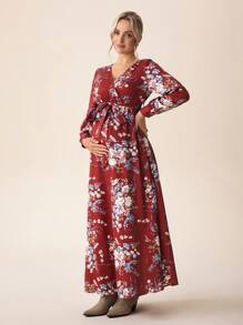 SHEIN Maternity Floral Print Long Sleeve Tie Waist Dress