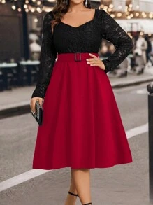 SHEIN Clasi Vestido largo de fiesta de línea A con estética ajustada, de manga larga, cuello cuadrado y encaje para mujeres de talla grande, para otoño/invierno