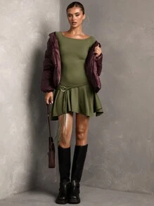 SHEIN BAE Đầm thường ngày cổ tròn tay dài trang trí kim loại màu nâu thu/đông cho nữ có khoen eo và viền xếp nếp, váy màu hạt dẻ, váy mùa thu cho nữ - xanh quân đội - Xem 6