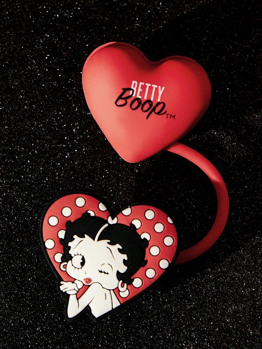 Betty Boop x SHEIN 可爱心形吸管套,防尘可重复使用吸管,带吸管盖,不含吸管,礼品创意,派对,节日,情人节,饮用 - 酒紅色 - 查看 1