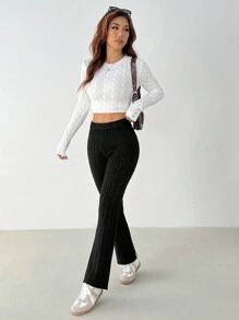 SHEIN PETITE Solid Color Simple Low-Waist Jacquard Flare Pants, Casual Daily Wear - Black - View 4