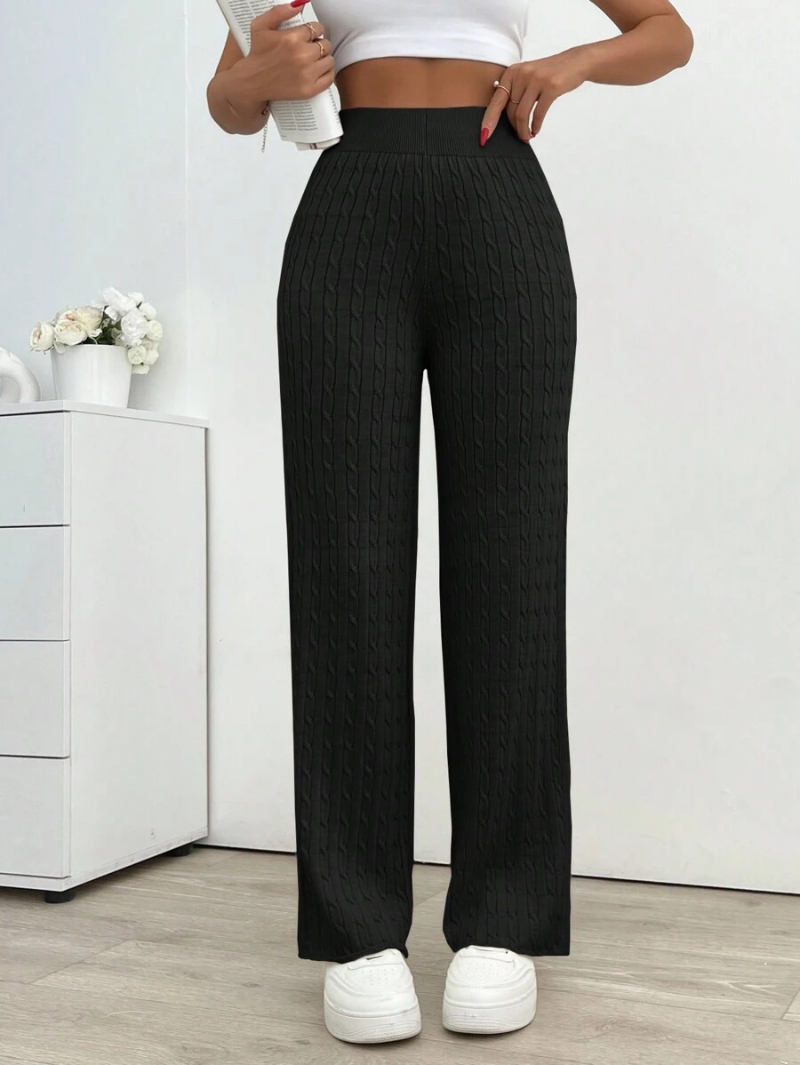 EURMUSE Women's Solid Color Straight Leg Loose Cable Knit Pants, Autumn/Winter - Black - View 1