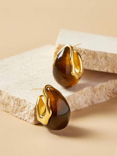 Anewsta Aretes vintage con forma de lágrima y baño de oro de 18k con ámbar